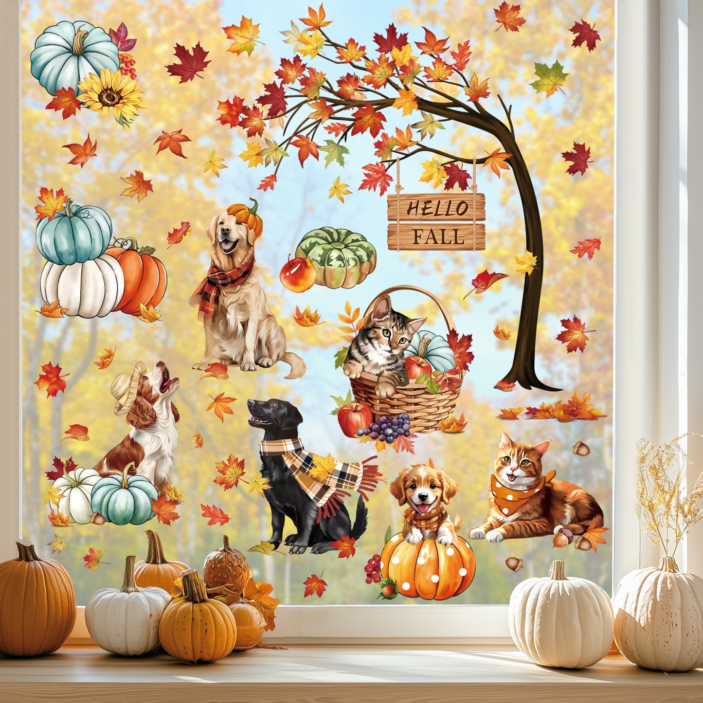 decalmile Hello Fall Thanksgiving Pumpkin Window Clings Dog Cat Autumn Maple Leaves Double Sided Anti-Collision Window Decals