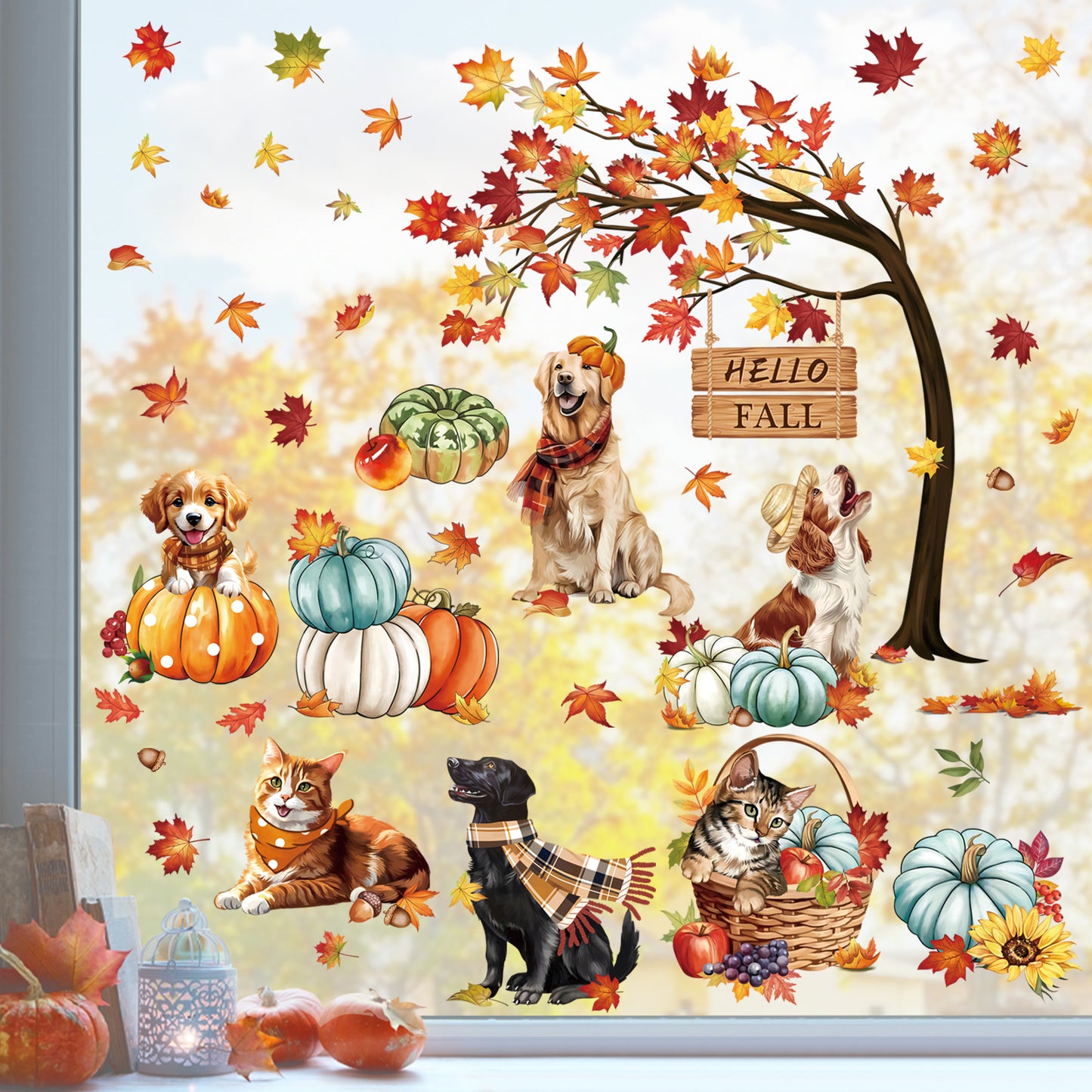 decalmile Hello Fall Thanksgiving Pumpkin Window Clings Dog Cat Autumn Maple Leaves Double Sided Anti-Collision Window Decals