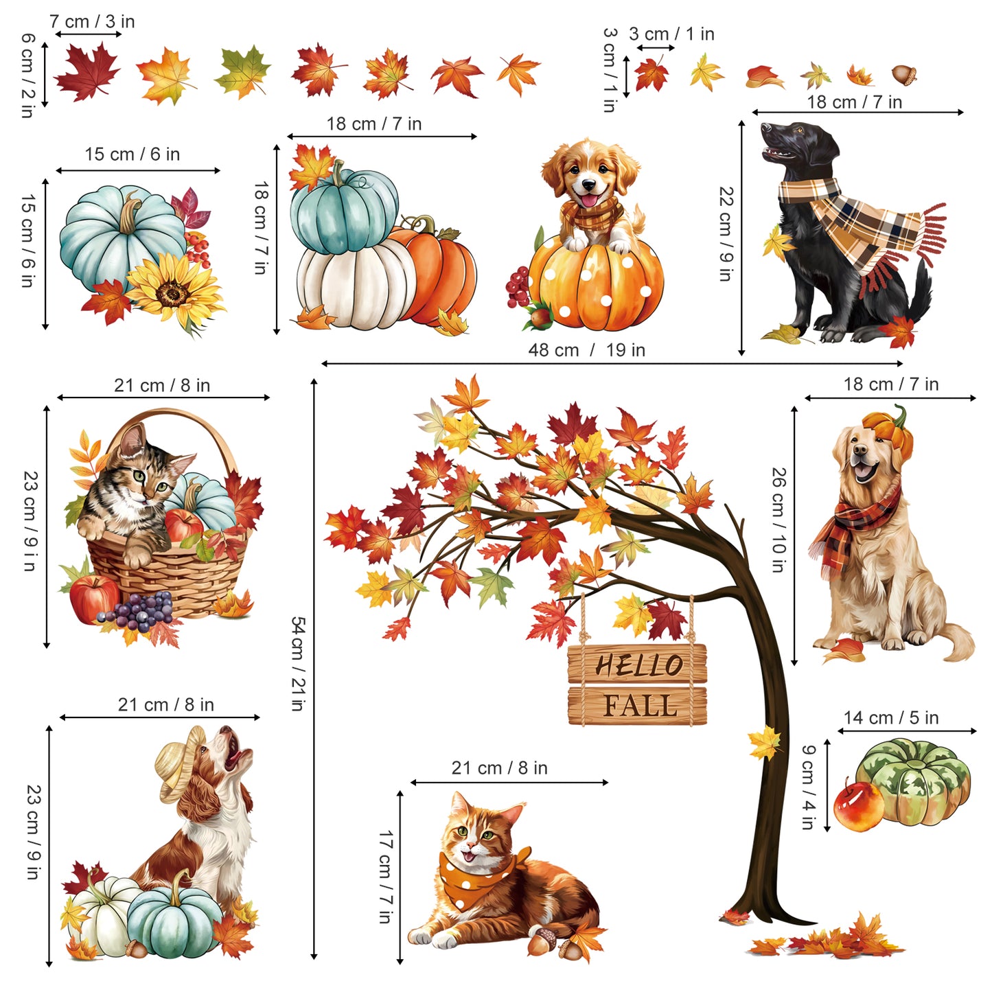 decalmile Hello Fall Thanksgiving Pumpkin Window Clings Dog Cat Autumn Maple Leaves Double Sided Anti-Collision Window Decals