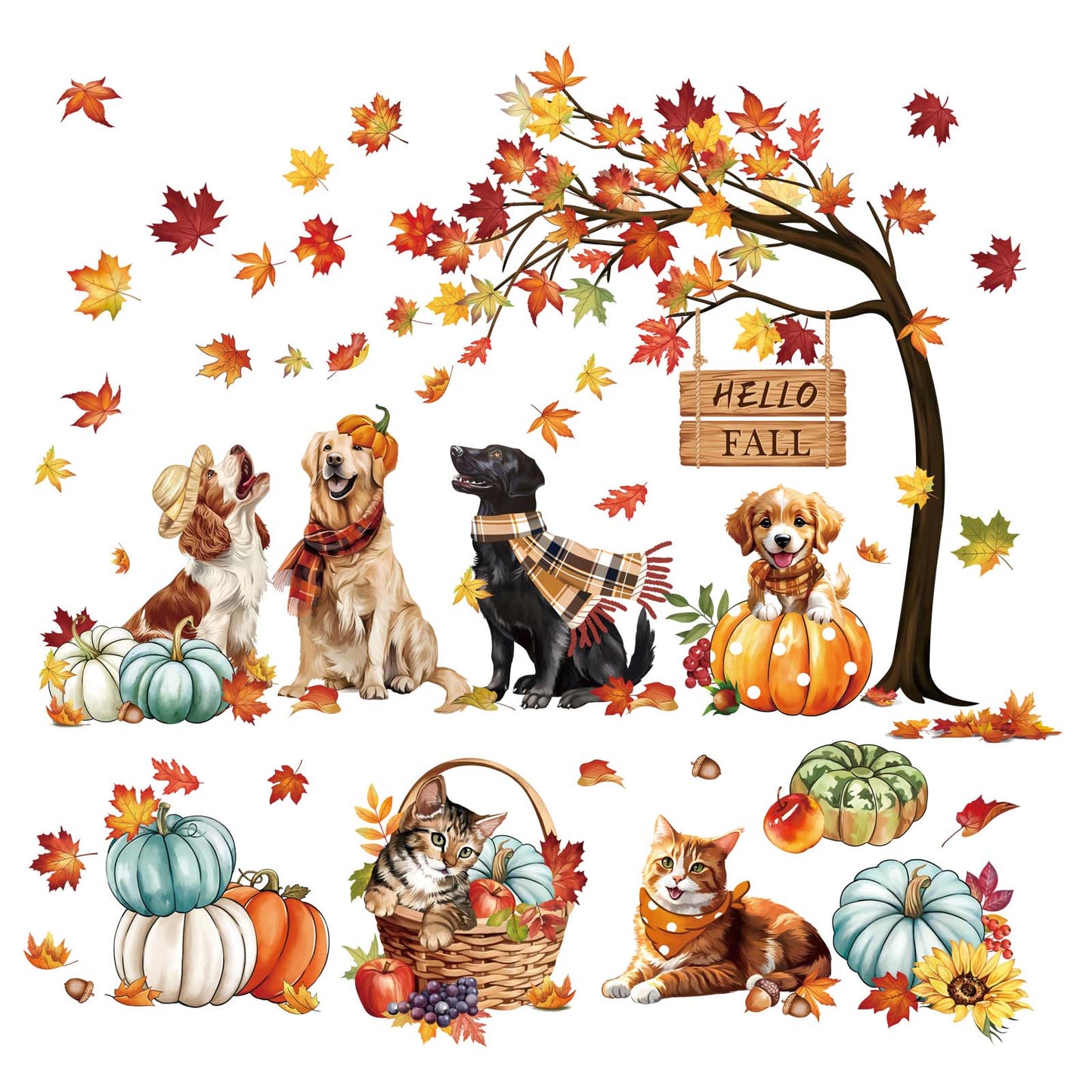 decalmile Hello Fall Thanksgiving Pumpkin Window Clings Dog Cat Autumn Maple Leaves Double Sided Anti-Collision Window Decals