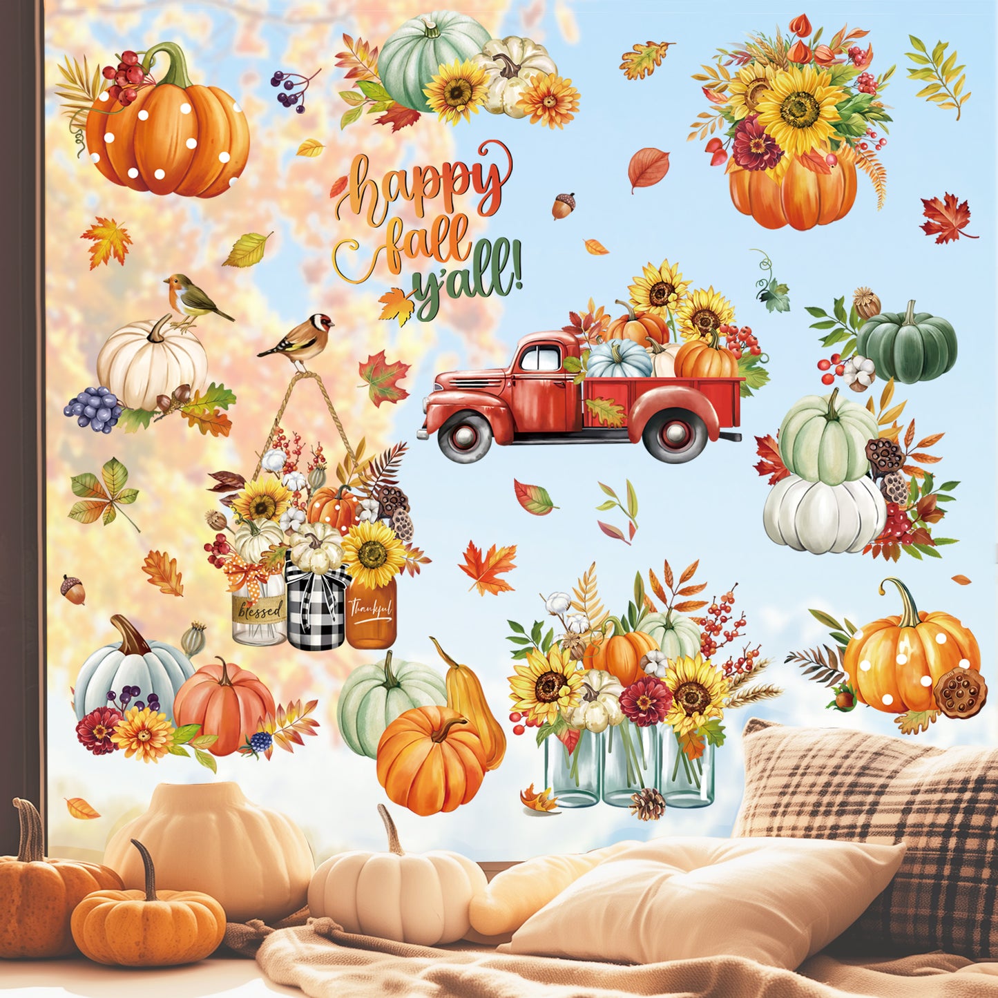 decalmile Happy Fall Pumpkin Window Clings Red Truck Autumn Flower Thanksgiving Double Sided Anti-Collision Window Decals