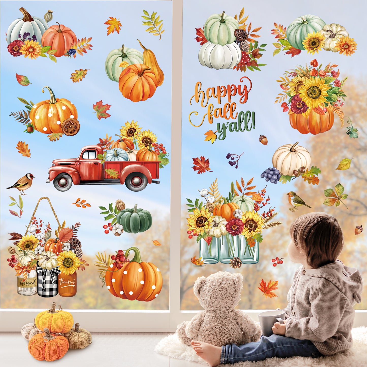 decalmile Happy Fall Pumpkin Window Clings Red Truck Autumn Flower Thanksgiving Double Sided Anti-Collision Window Decals