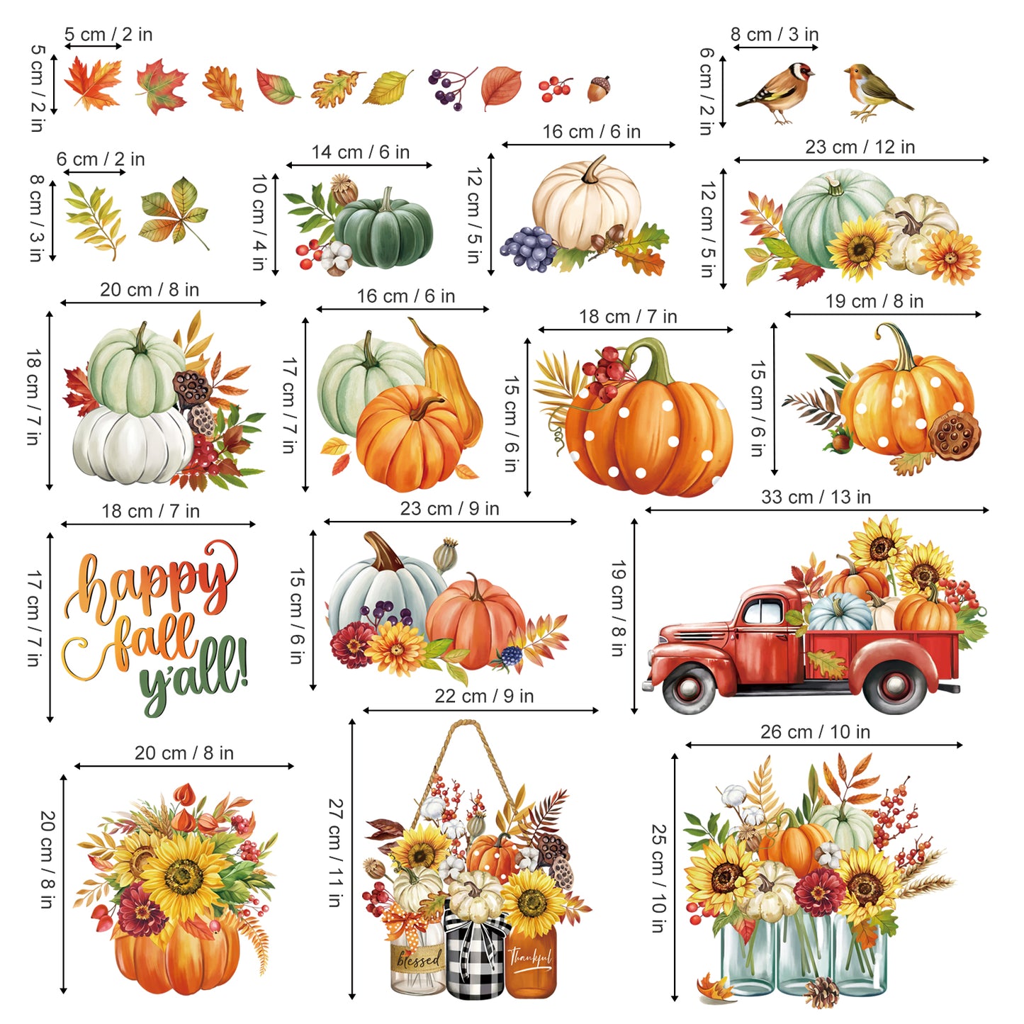 decalmile Happy Fall Pumpkin Window Clings Red Truck Autumn Flower Thanksgiving Double Sided Anti-Collision Window Decals