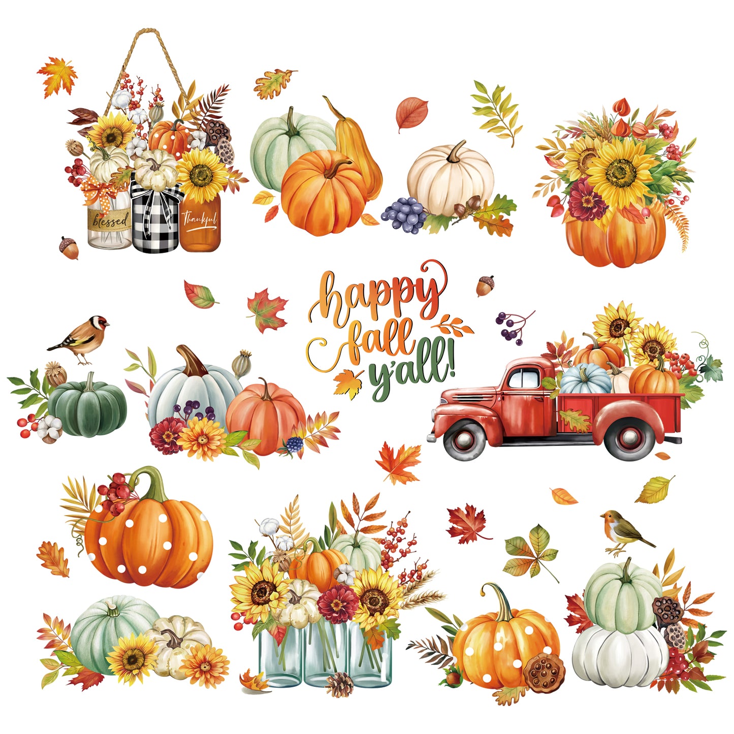 decalmile Happy Fall Pumpkin Window Clings Red Truck Autumn Flower Thanksgiving Double Sided Anti-Collision Window Decals