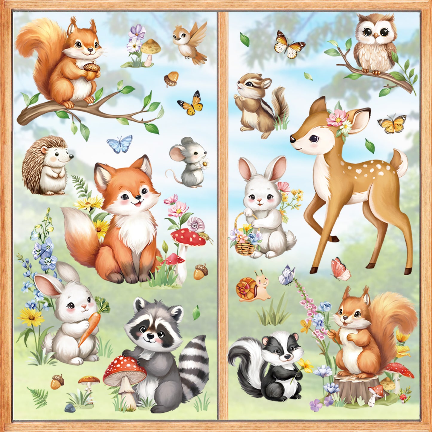 decalmile Woodland Animals Double Sided Window Clings Forest Animal Deer Fox Squirrel Raccoon Anti-Collision Window Decals