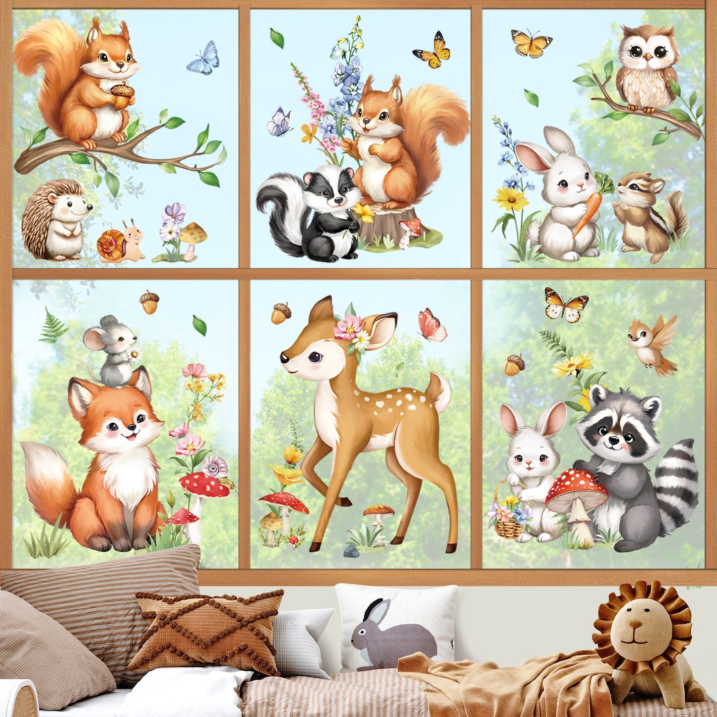 decalmile Woodland Animals Double Sided Window Clings Forest Animal Deer Fox Squirrel Raccoon Anti-Collision Window Decals
