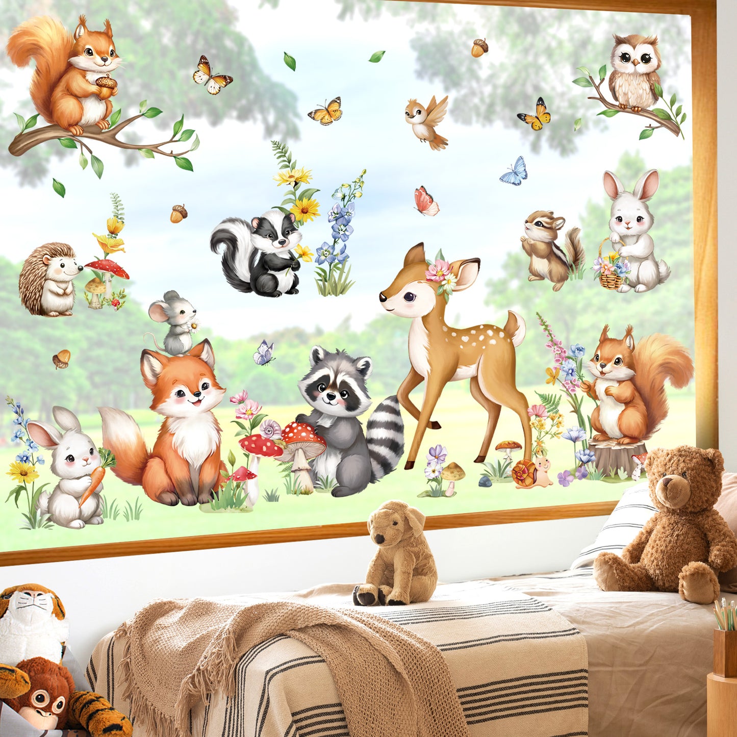 decalmile Woodland Animals Double Sided Window Clings Forest Animal Deer Fox Squirrel Raccoon Anti-Collision Window Decals