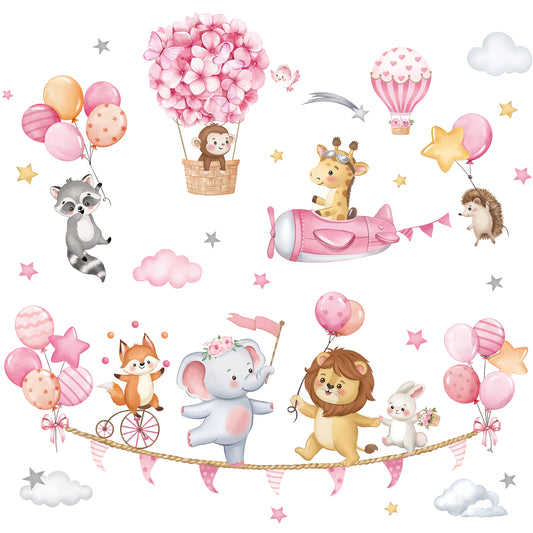 decalmile Pink Animal Hot Air Ballon Wall Decals Elephant Lion Giraffe Wall Stickers