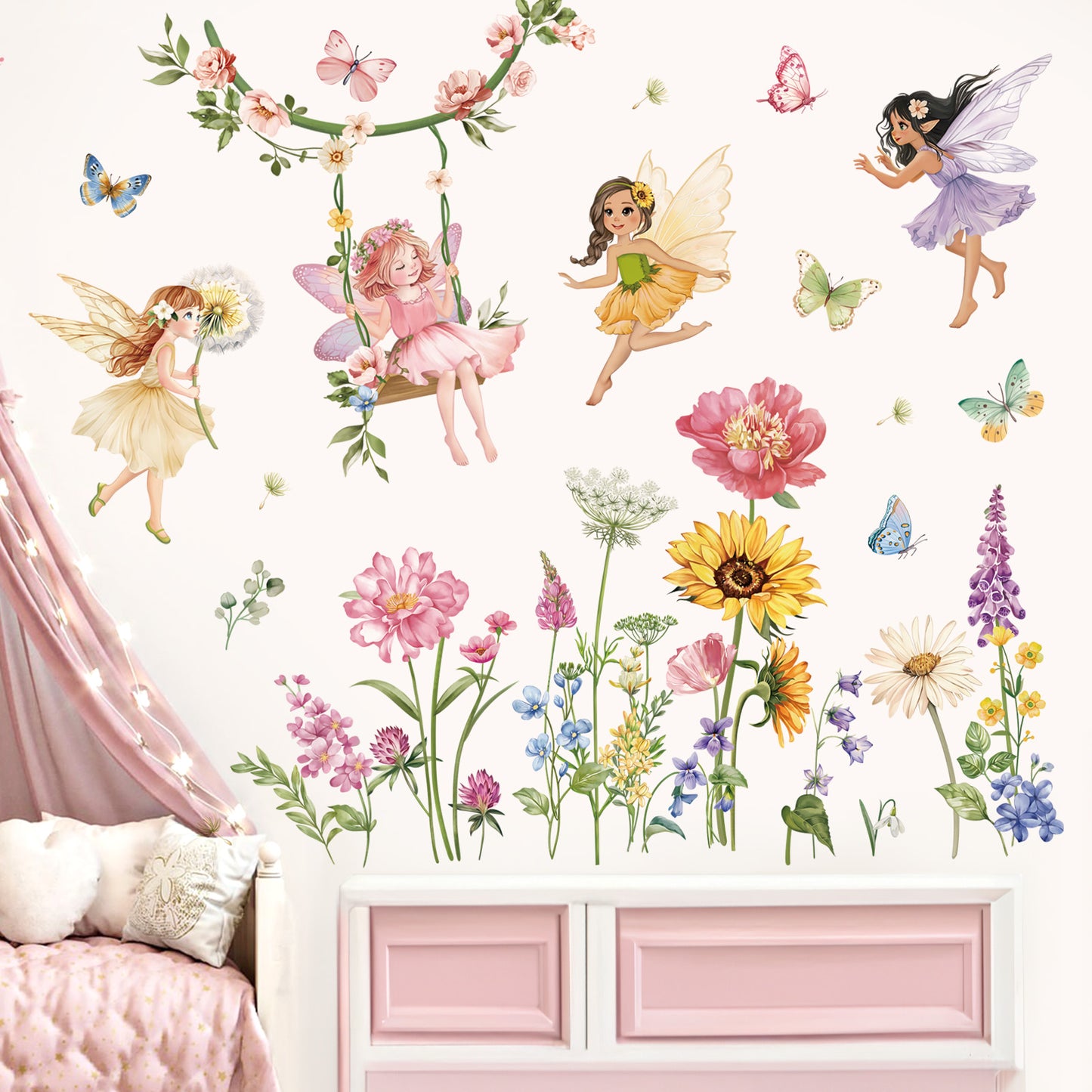 decalmile Flower Fairy Wall Decals Butterfly Girl with Wildflower Sunflower Wall Stickers