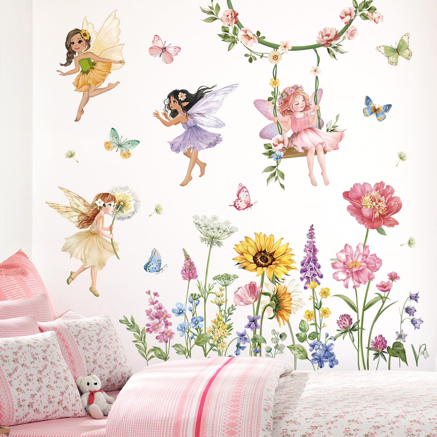 decalmile Flower Fairy Wall Decals Butterfly Girl with Wildflower Sunflower Wall Stickers