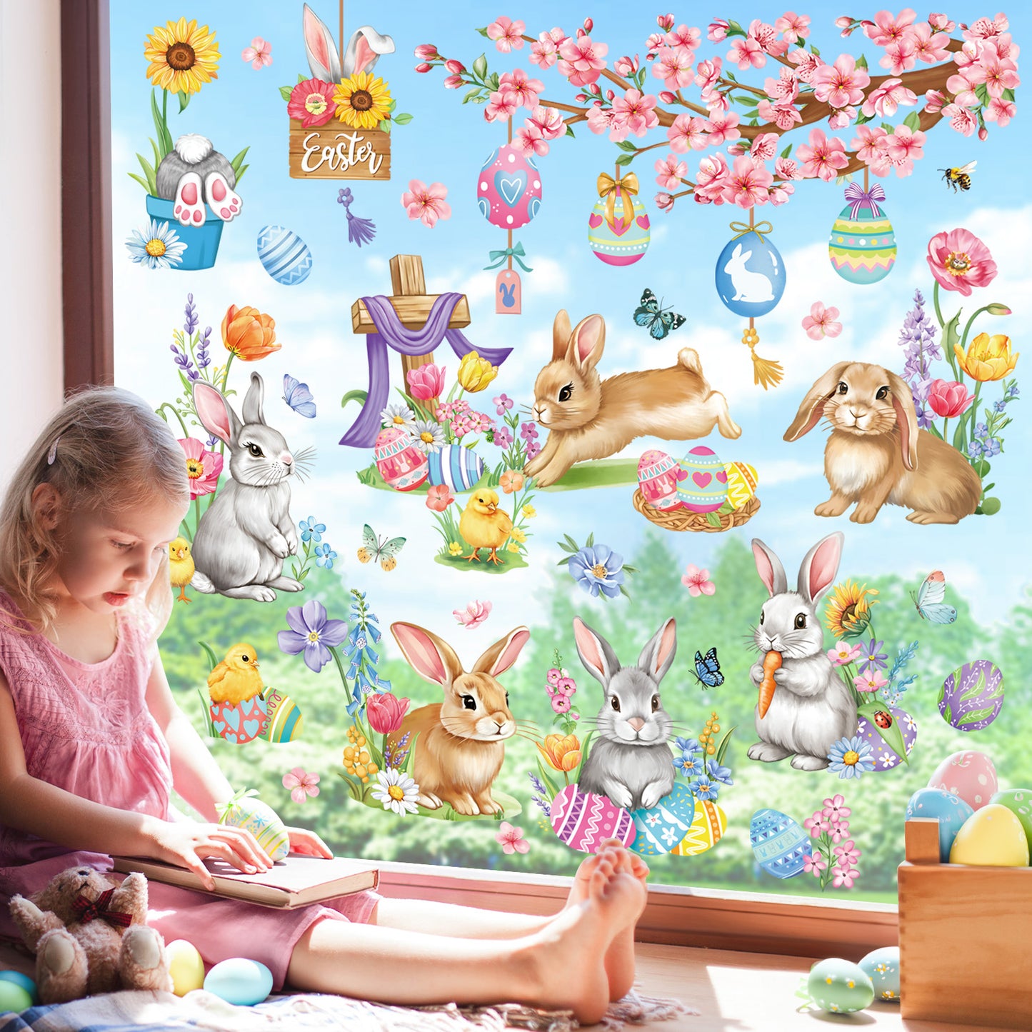 decalmile Easter Bunny Double Sided Window Clings Easter Rabbit Egg Spring Flower Tree Branch Anti-Collision Window Decals