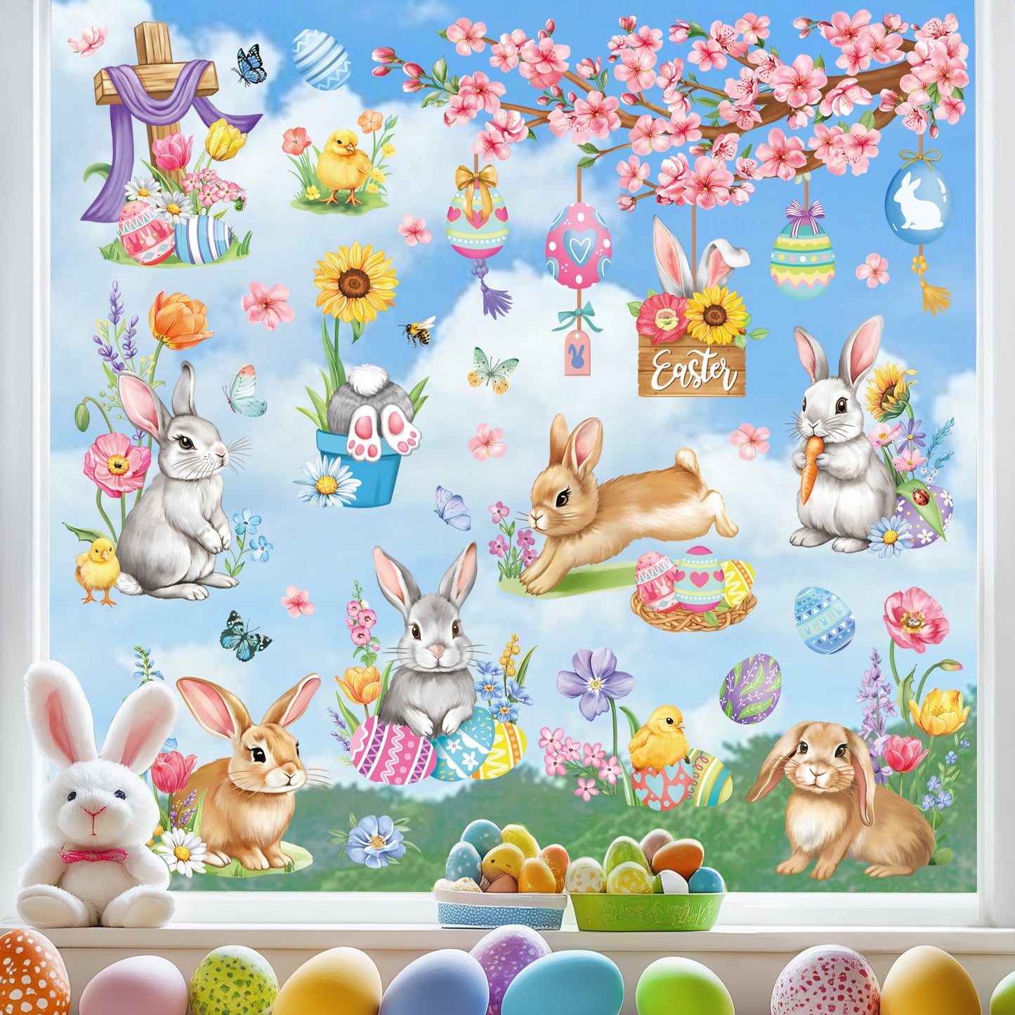 decalmile Easter Bunny Double Sided Window Clings Easter Rabbit Egg Spring Flower Tree Branch Anti-Collision Window Decals