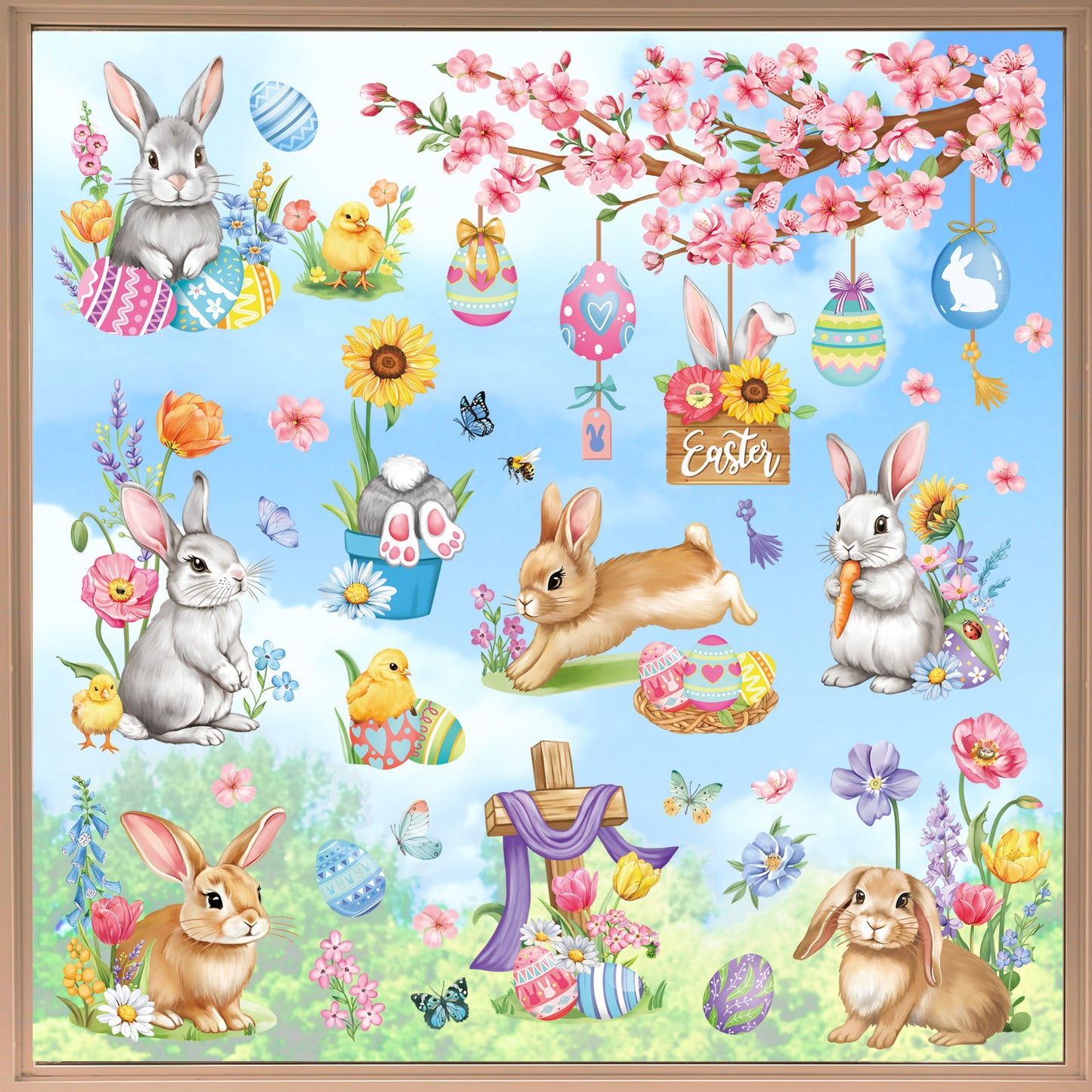 decalmile Easter Bunny Double Sided Window Clings Easter Rabbit Egg Spring Flower Tree Branch Anti-Collision Window Decals