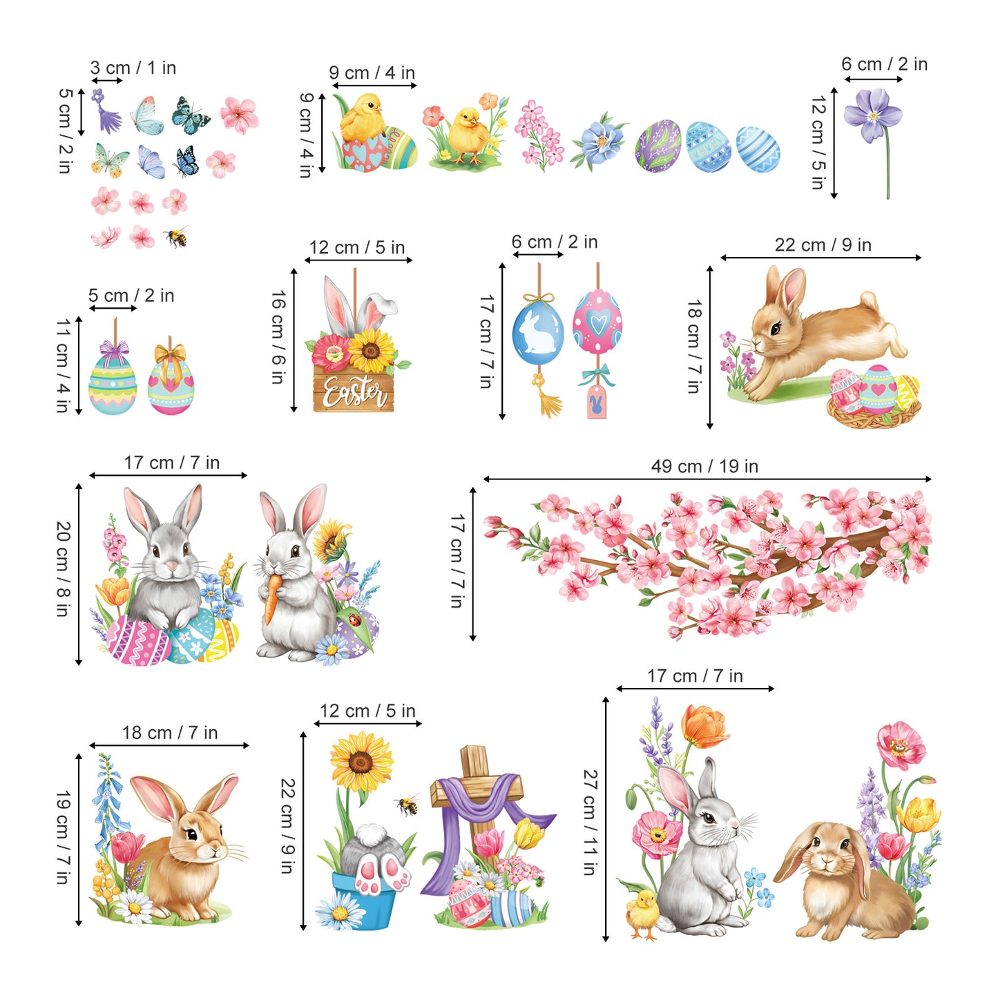 decalmile Easter Bunny Double Sided Window Clings Easter Rabbit Egg Spring Flower Tree Branch Anti-Collision Window Decals