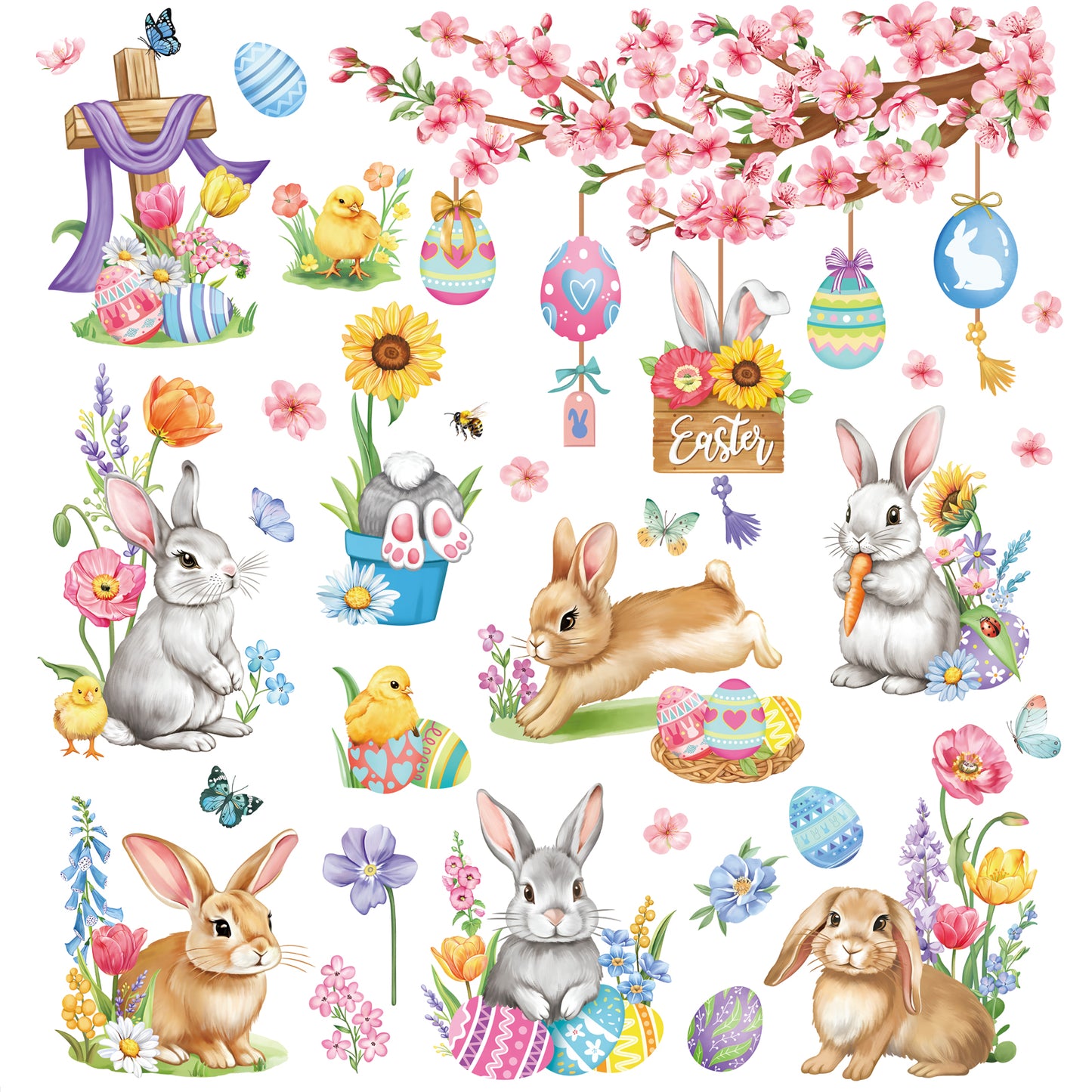 decalmile Easter Bunny Double Sided Window Clings Easter Rabbit Egg Spring Flower Tree Branch Anti-Collision Window Decals