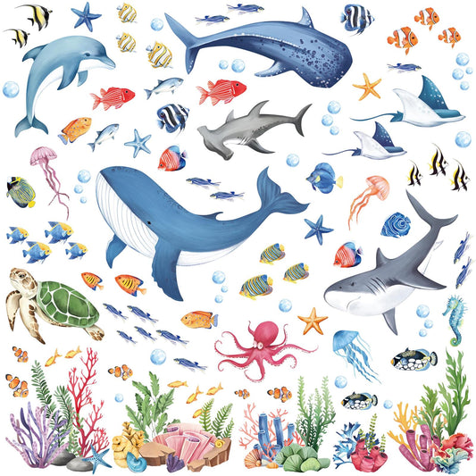 decalmile Under The Sea Fish Double Sided Window Clings Summer Ocean Animal Seaweed Whale Anti-Collision Window Decals