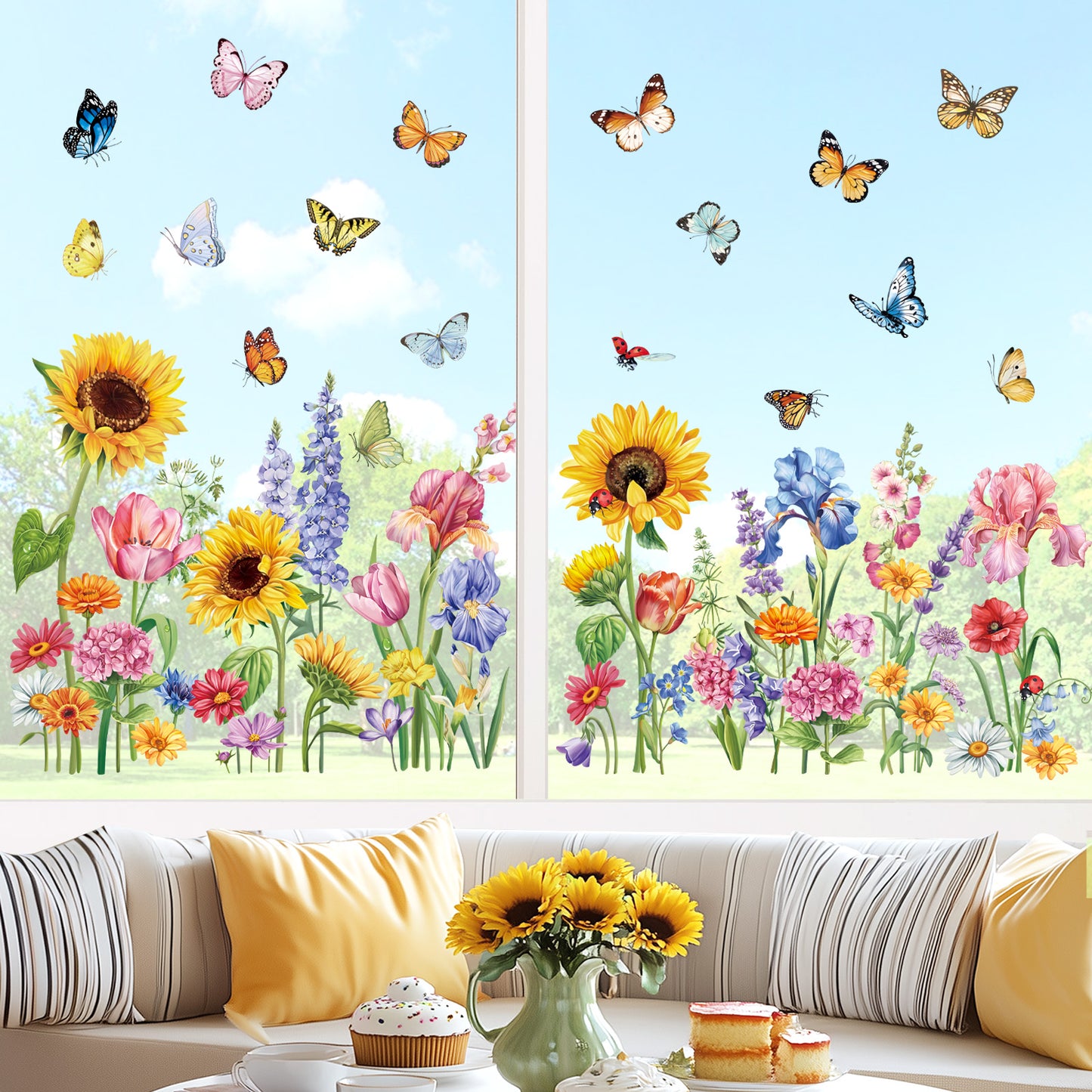 decalmile Spring Garden Flower Double Sided Window Clings Wildflower Sunflower Iris Butterflies Floral Anti-Collision Window Decals