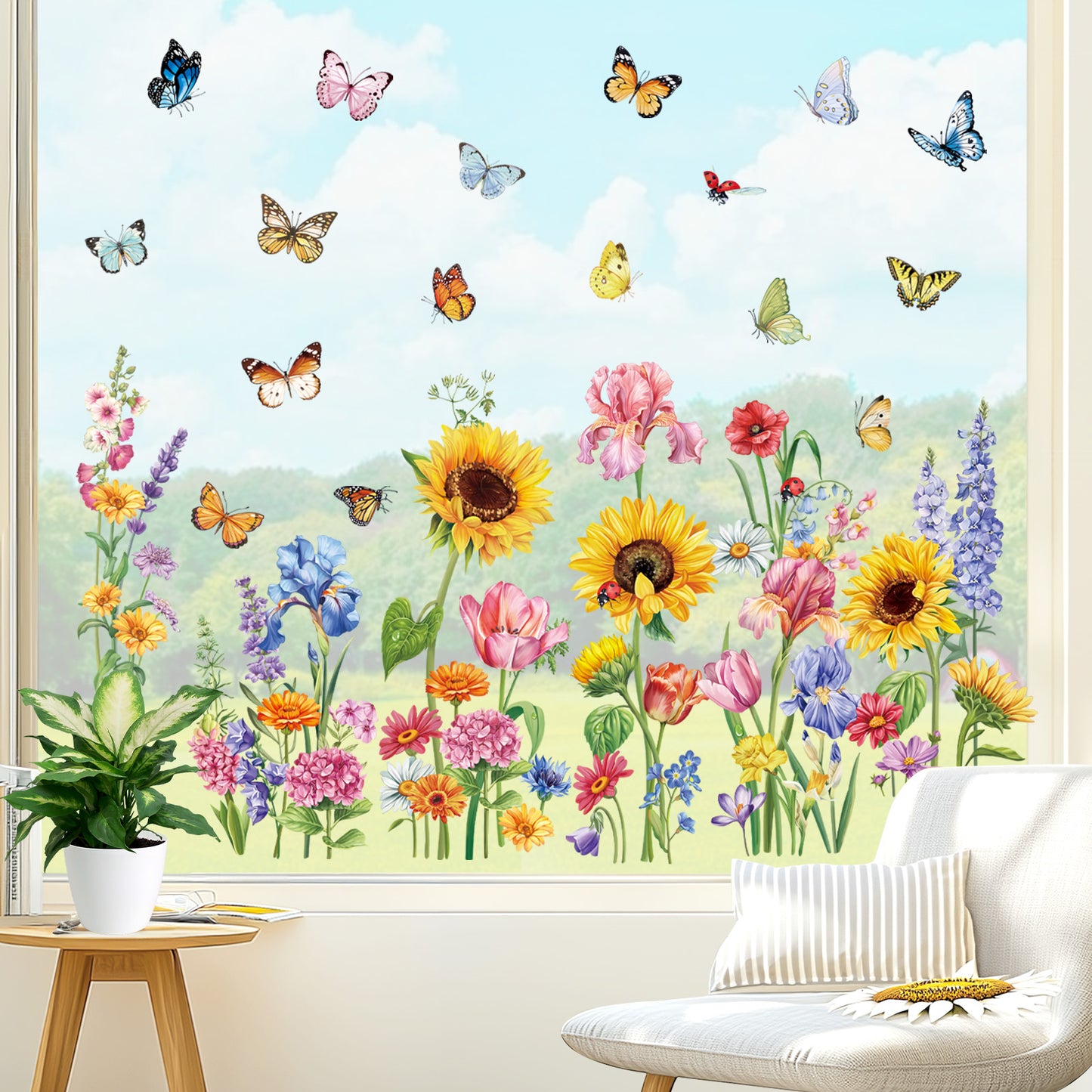 decalmile Spring Garden Flower Double Sided Window Clings Wildflower Sunflower Iris Butterflies Floral Anti-Collision Window Decals