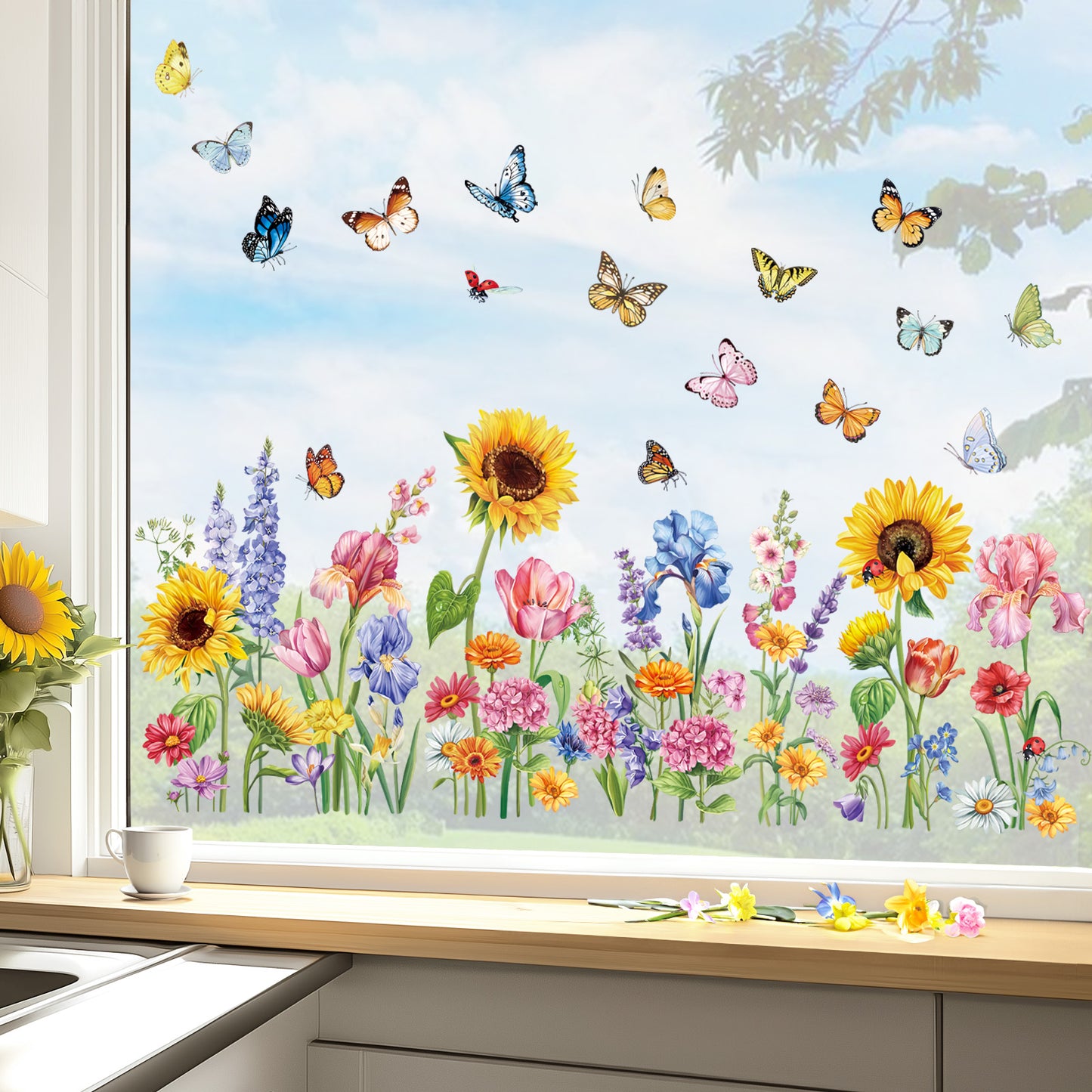 decalmile Spring Garden Flower Double Sided Window Clings Wildflower Sunflower Iris Butterflies Floral Anti-Collision Window Decals