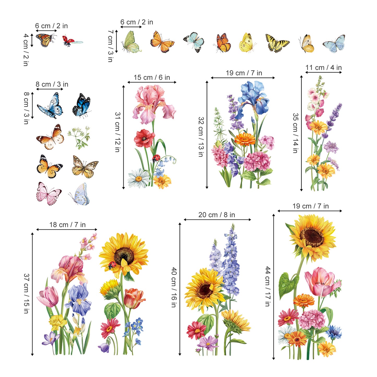 decalmile Spring Garden Flower Double Sided Window Clings Wildflower Sunflower Iris Butterflies Floral Anti-Collision Window Decals