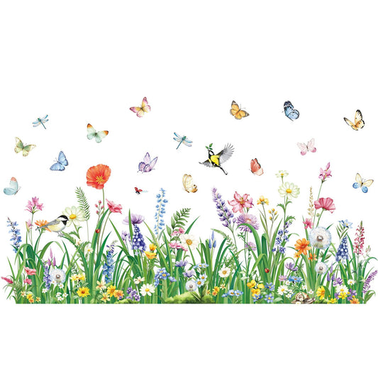 decalmile Spring Flower Grass Double Sided Window Clings Wildflower Butterflies Anti-Collision Window Decals