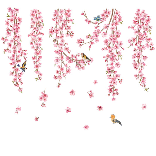decalmile Cherry Blossom Flower Vine Double Sided Window Clings Pink Hanging Tree Branch Birds Anti-Collision Window Decals