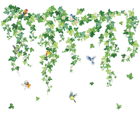 decalmile Hanging Green Vine Double Sided Window Clings Spring Ivy Leaves Flower Birds Anti-Collision Window Decals
