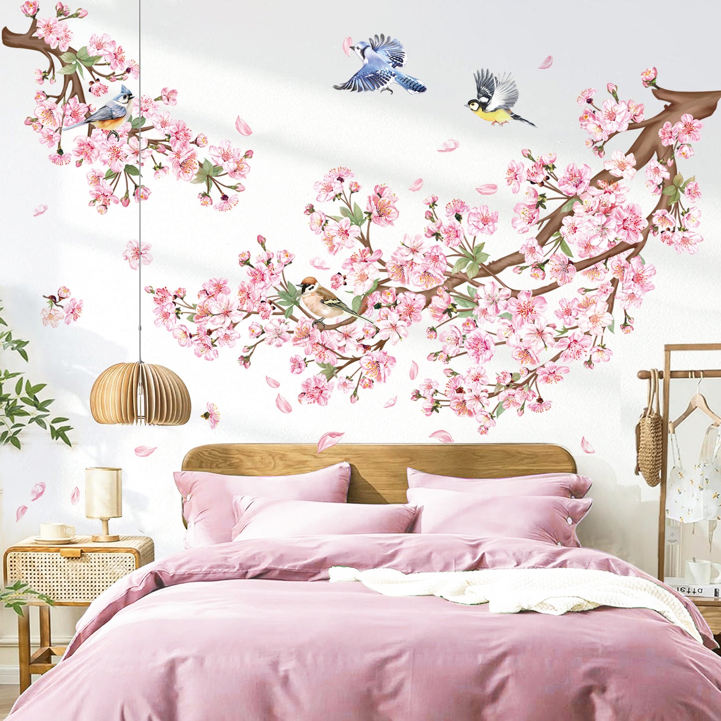 decalmile Cherry Blossom Branch Wall Decals Pink Floral Birds Wall Stickers
