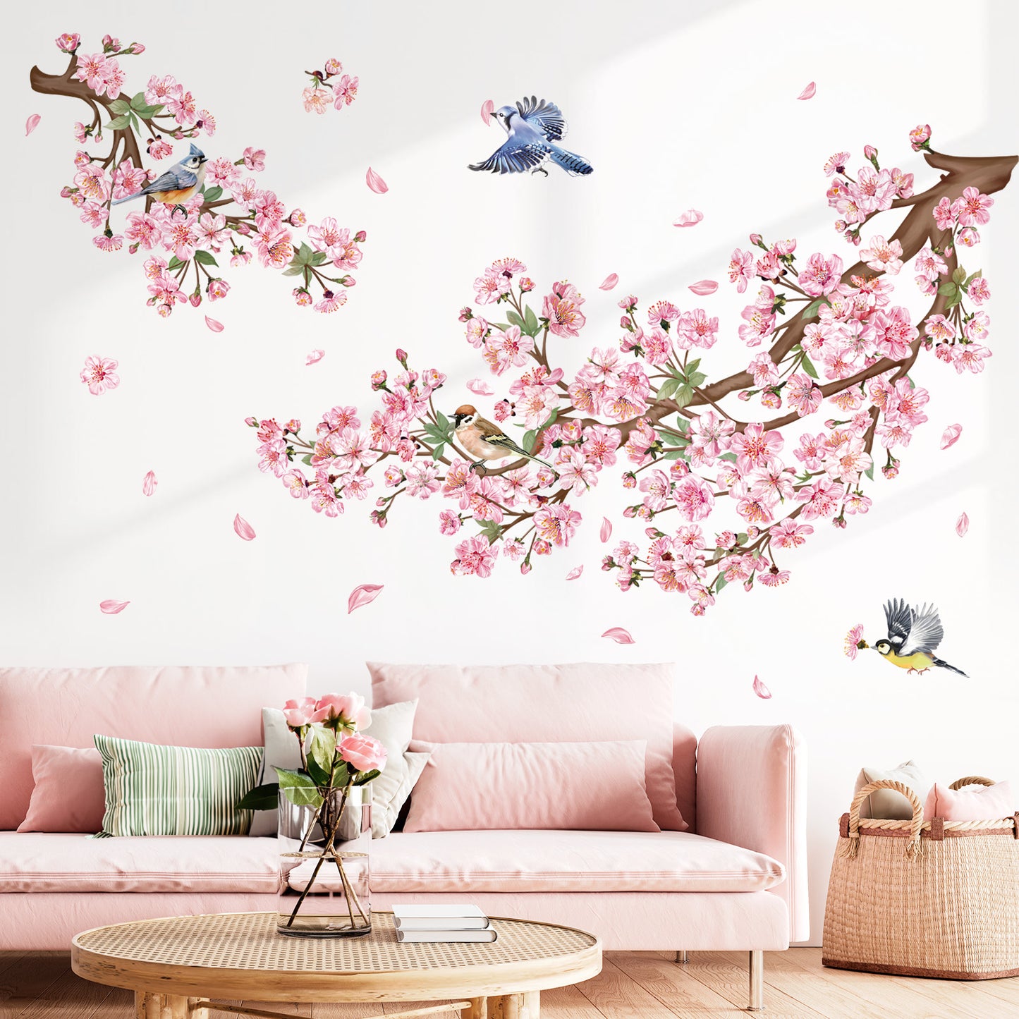 decalmile Cherry Blossom Branch Wall Decals Pink Floral Birds Wall Stickers