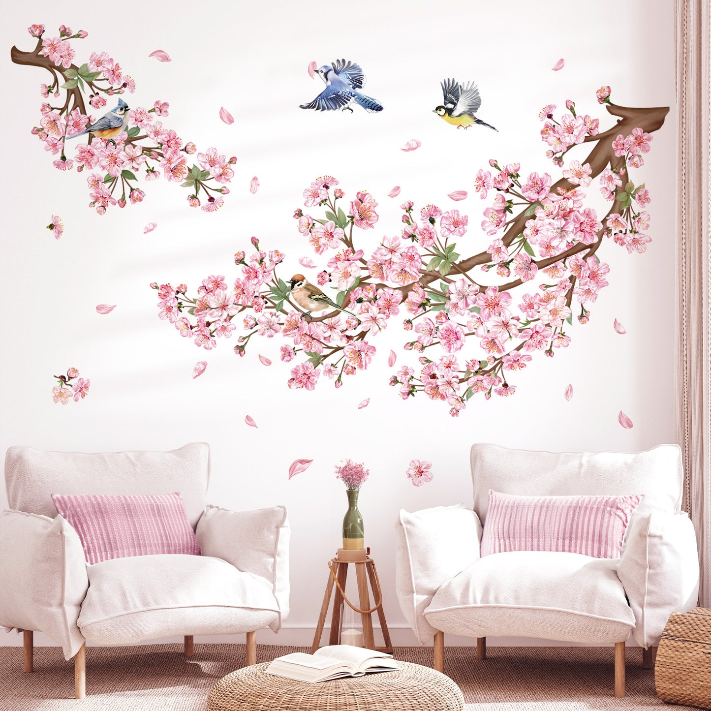decalmile Cherry Blossom Branch Wall Decals Pink Floral Birds Wall Stickers