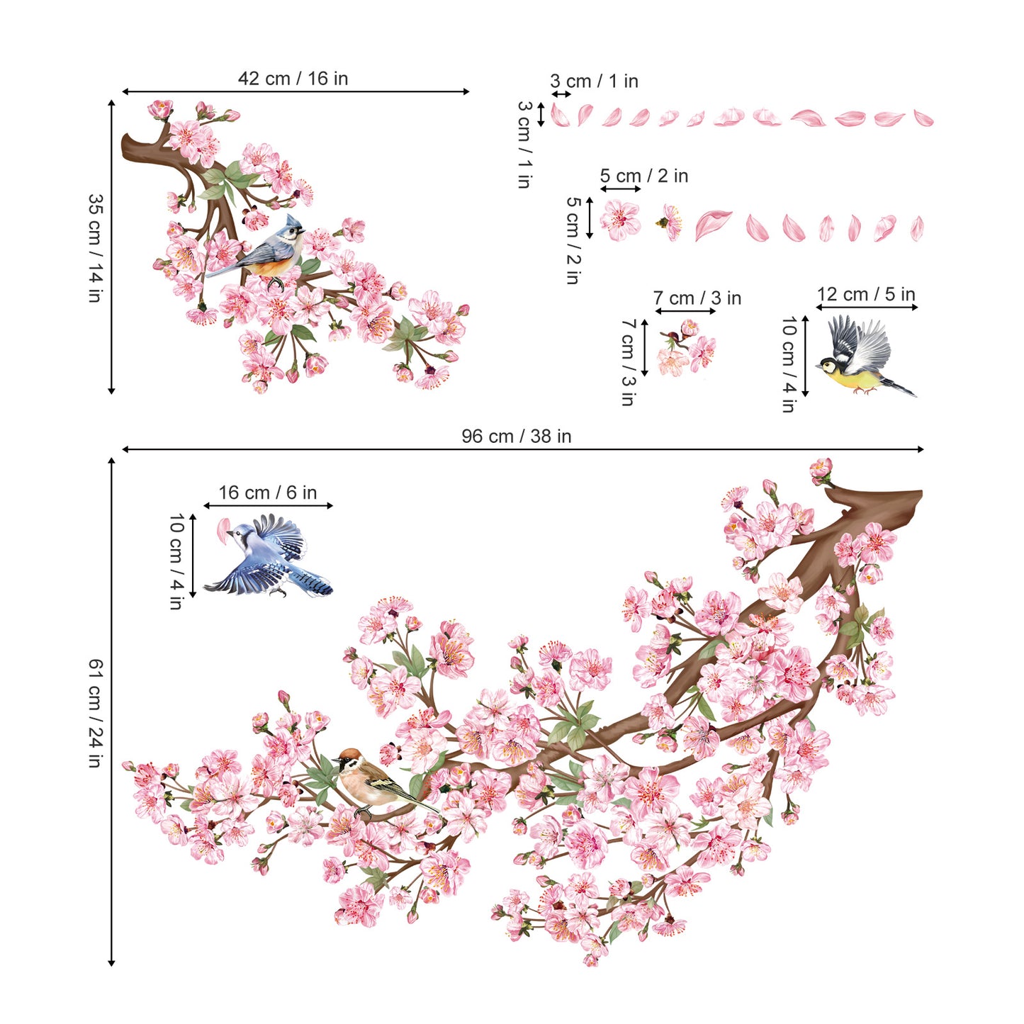 decalmile Cherry Blossom Branch Wall Decals Pink Floral Birds Wall Stickers