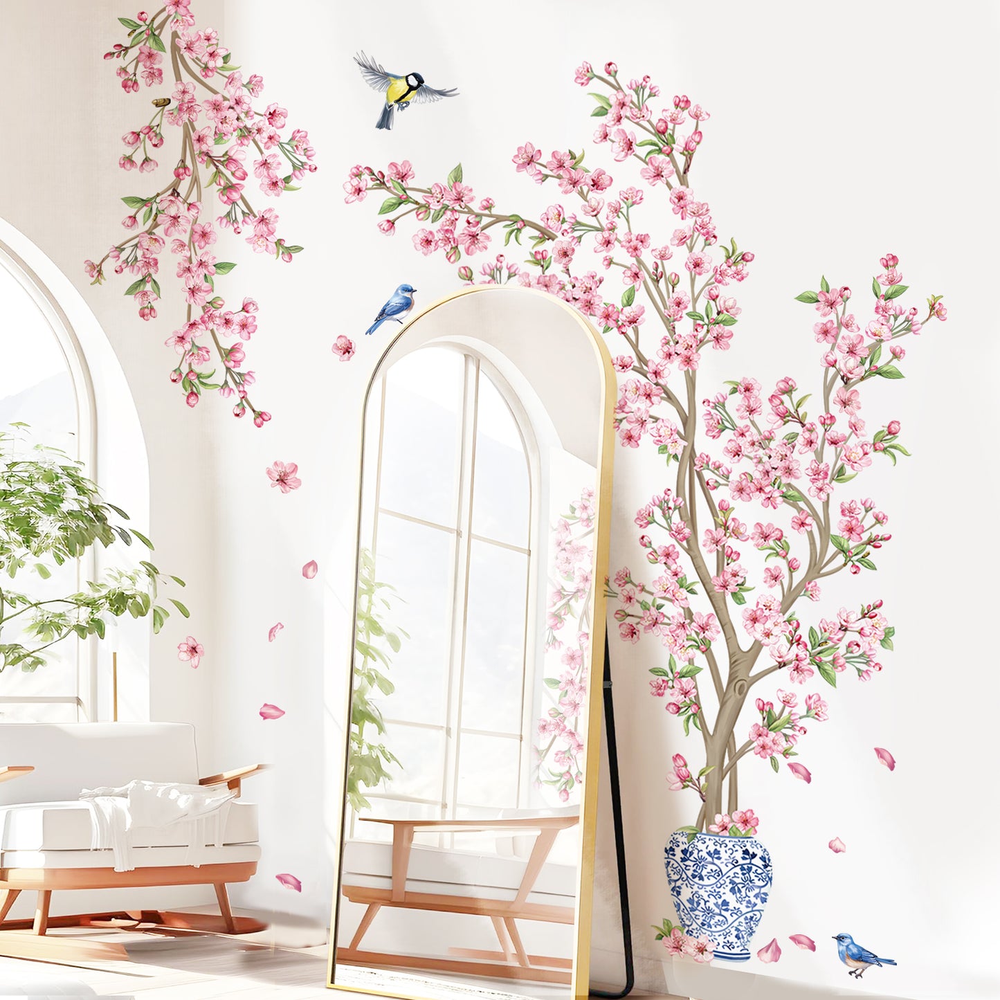 decalmile Pink Cherry Blossom Flower Tree Wall Decals Hanging Floral Tree Branch Birds Wall Stickers