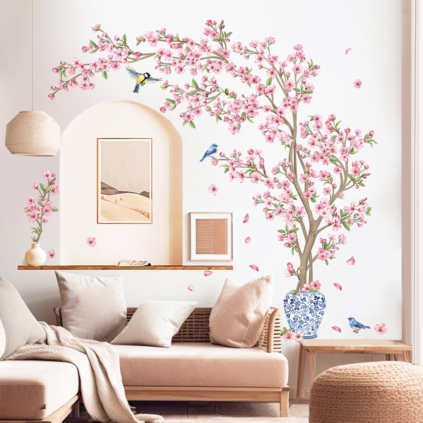 decalmile Pink Cherry Blossom Flower Tree Wall Decals Hanging Floral Tree Branch Birds Wall Stickers