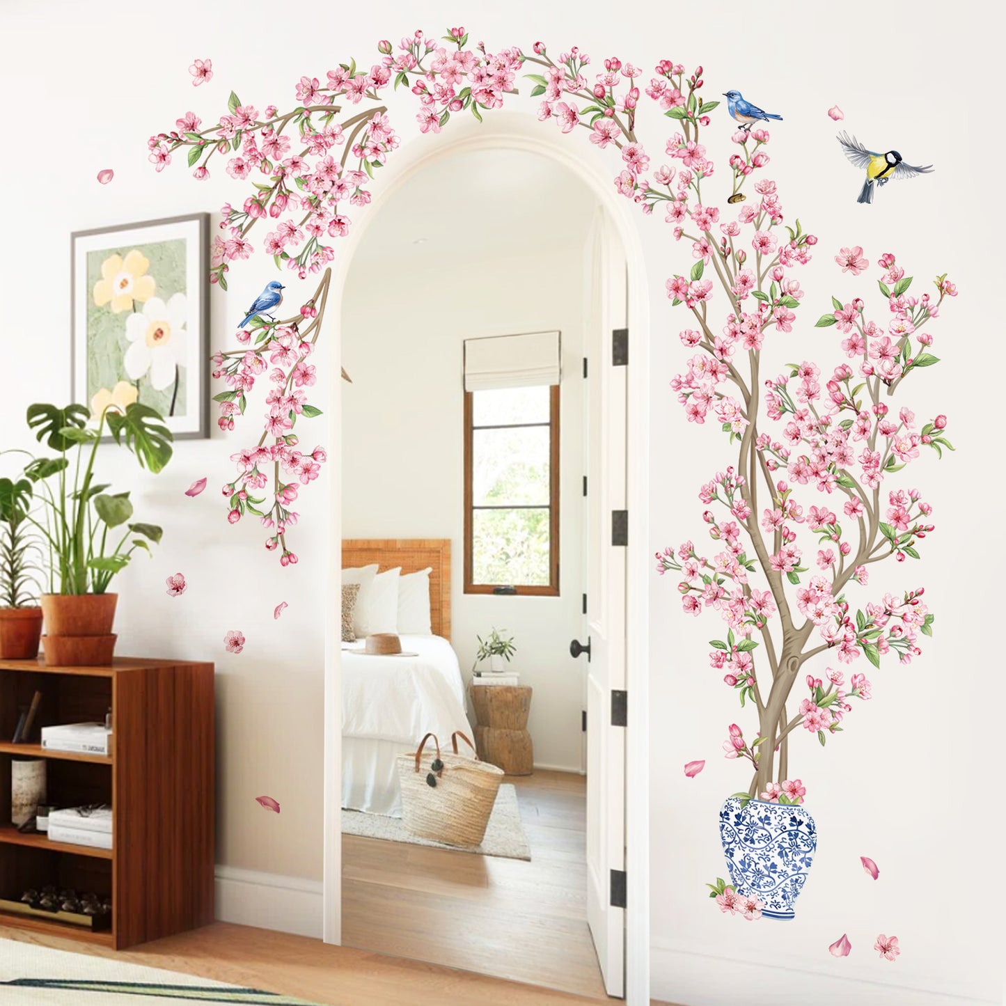 decalmile Pink Cherry Blossom Flower Tree Wall Decals Hanging Floral Tree Branch Birds Wall Stickers