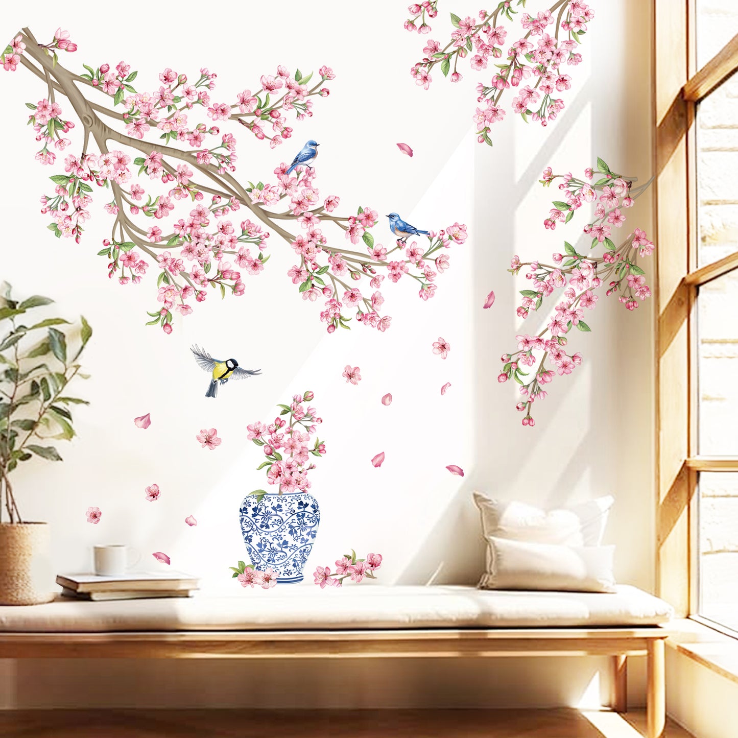 decalmile Pink Cherry Blossom Flower Tree Wall Decals Hanging Floral Tree Branch Birds Wall Stickers