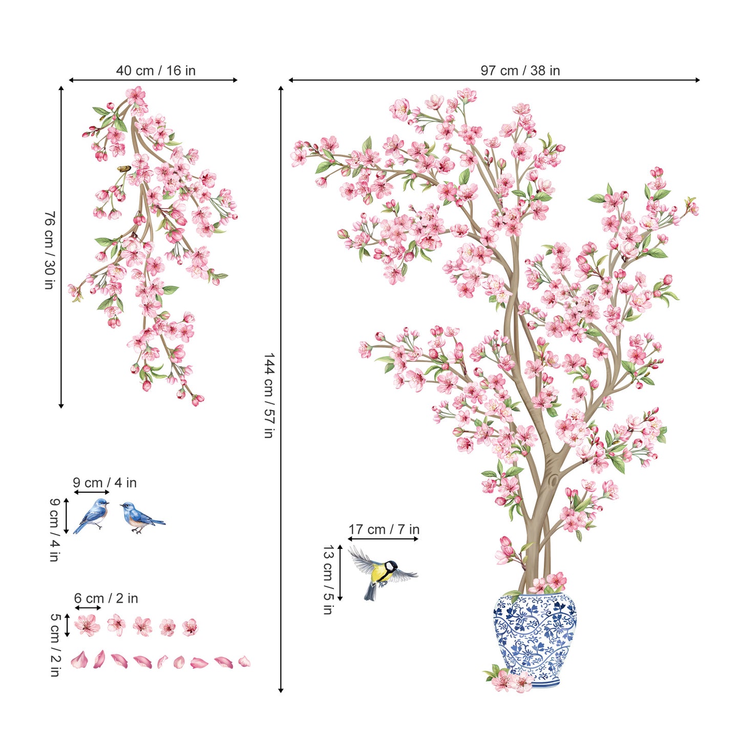 decalmile Pink Cherry Blossom Flower Tree Wall Decals Hanging Floral Tree Branch Birds Wall Stickers