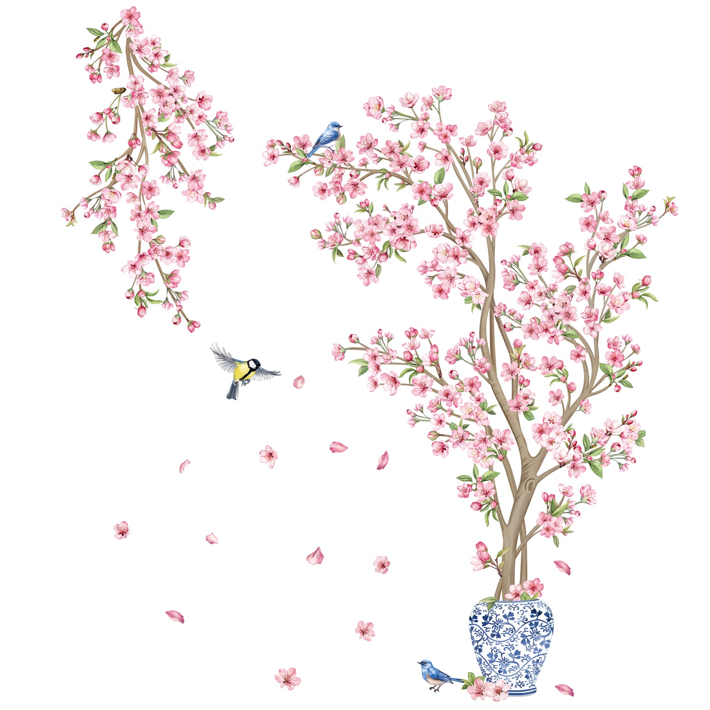 decalmile Pink Cherry Blossom Flower Tree Wall Decals Hanging Floral Tree Branch Birds Wall Stickers