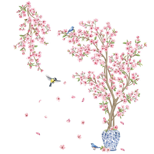 decalmile Pink Cherry Blossom Flower Tree Wall Decals Hanging Floral Tree Branch Birds Wall Stickers
