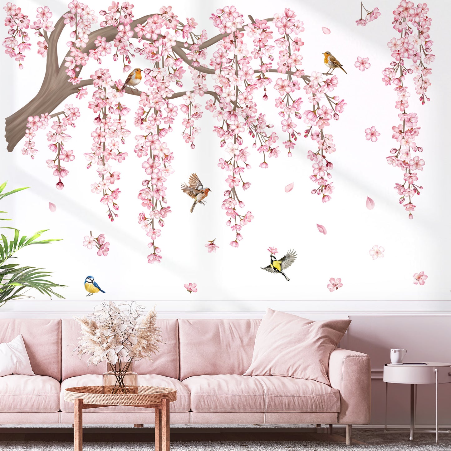 decalmile Large Pink Flower Tree Branch Wall Decals Cherry Blossom Tree Floral Birds Wall Stickers