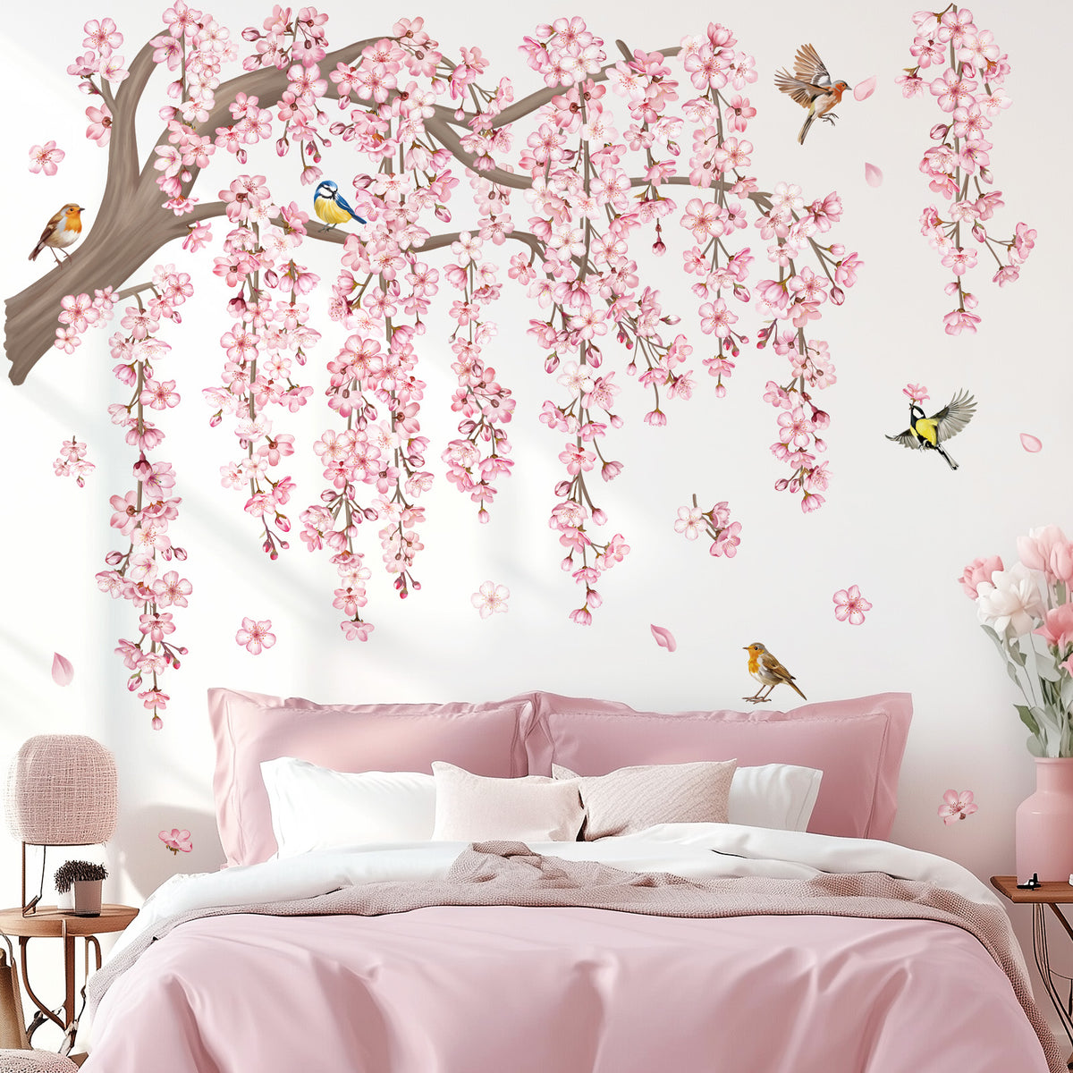 decalmile Large Pink Flower Tree Branch Wall Decals Cherry Blossom Tre ...