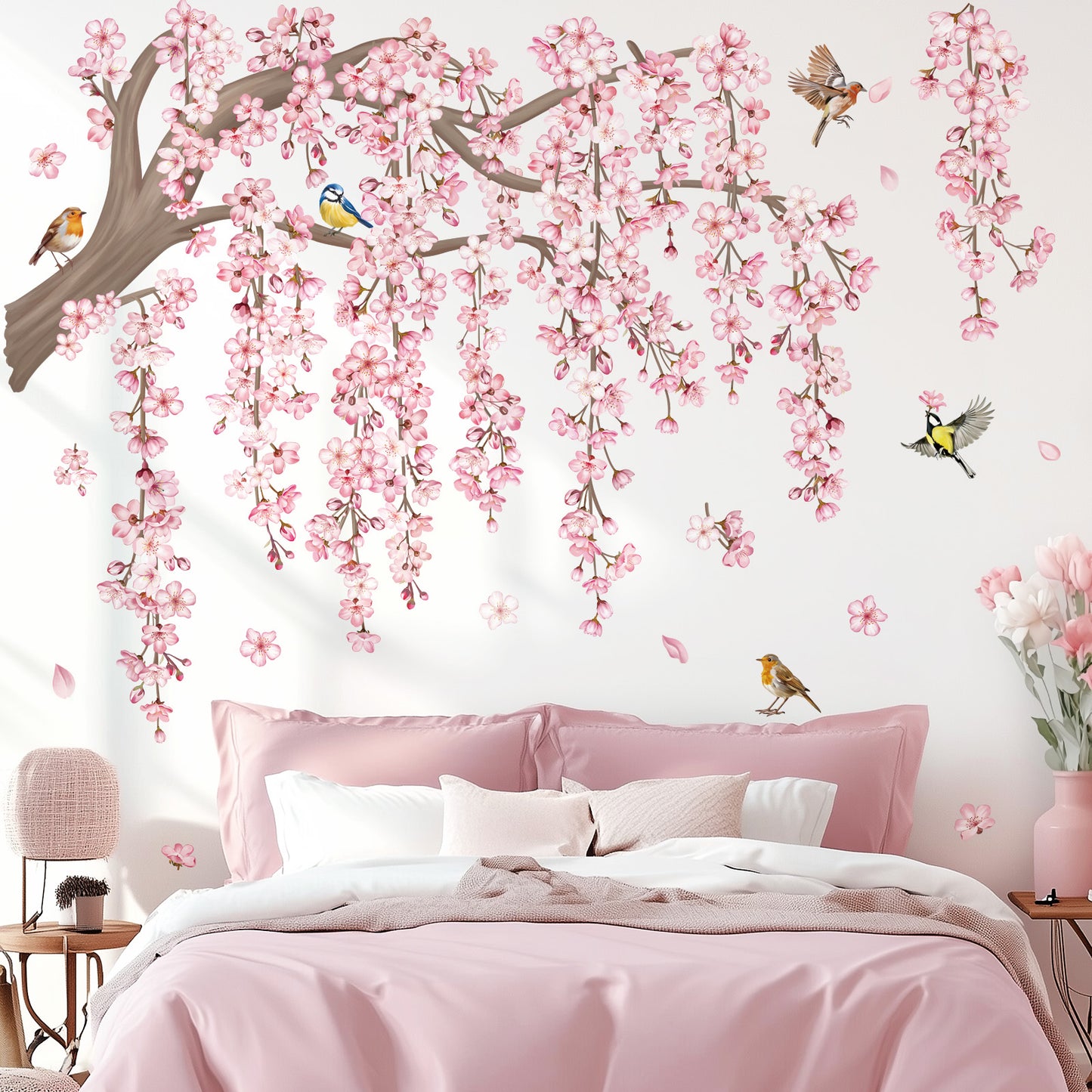 decalmile Large Pink Flower Tree Branch Wall Decals Cherry Blossom Tree Floral Birds Wall Stickers