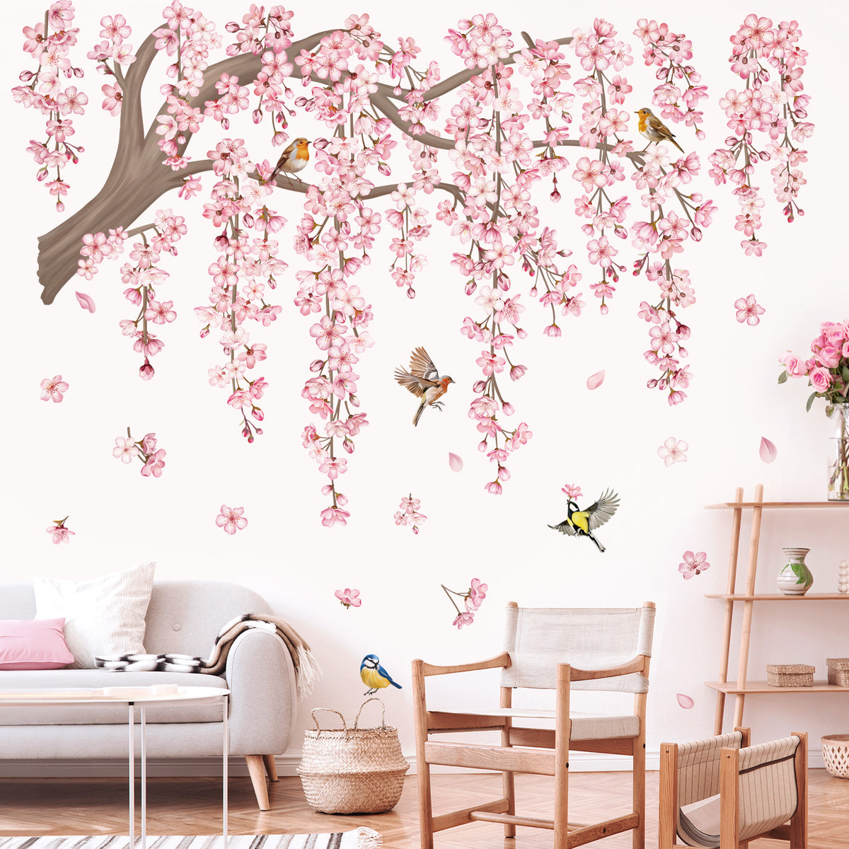decalmile Large Pink Flower Tree Branch Wall Decals Cherry Blossom Tre ...
