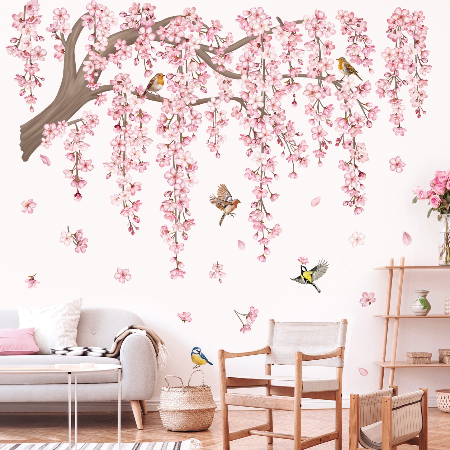 decalmile Large Pink Flower Tree Branch Wall Decals Cherry Blossom Tree Floral Birds Wall Stickers