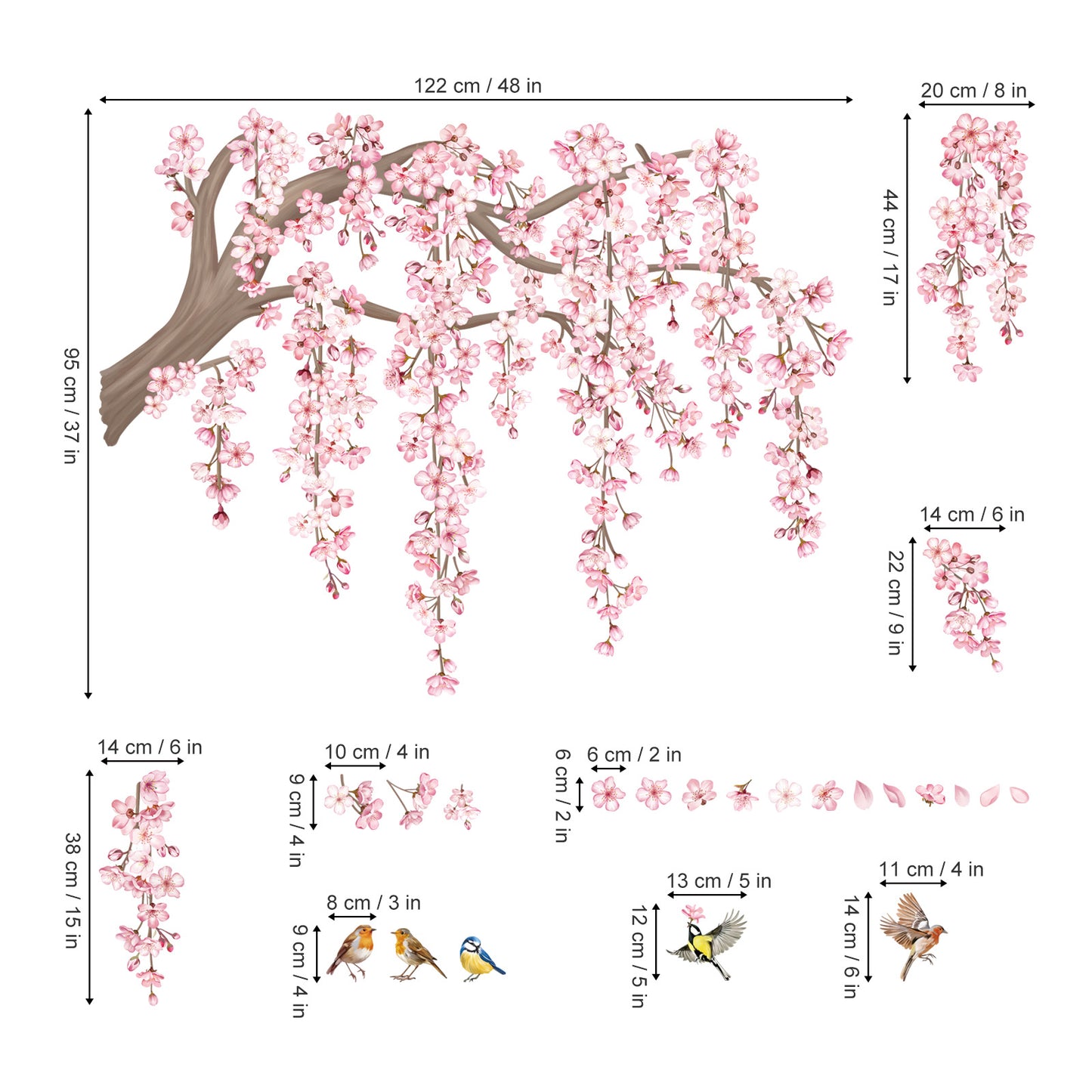 decalmile Large Pink Flower Tree Branch Wall Decals Cherry Blossom Tree Floral Birds Wall Stickers