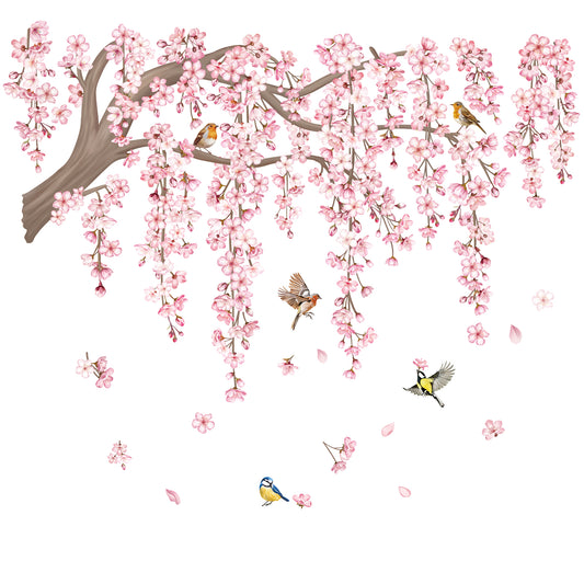 decalmile Large Pink Flower Tree Branch Wall Decals Cherry Blossom Tree Floral Birds Wall Stickers
