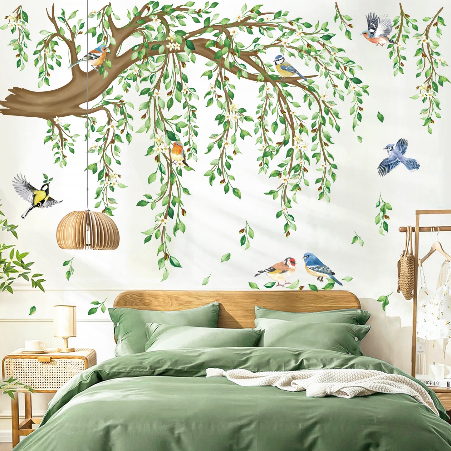 decalmile Spring Large Hanging Vine Wall Decals Green Leaf Tree Branch Flower Birds Wall Stickers