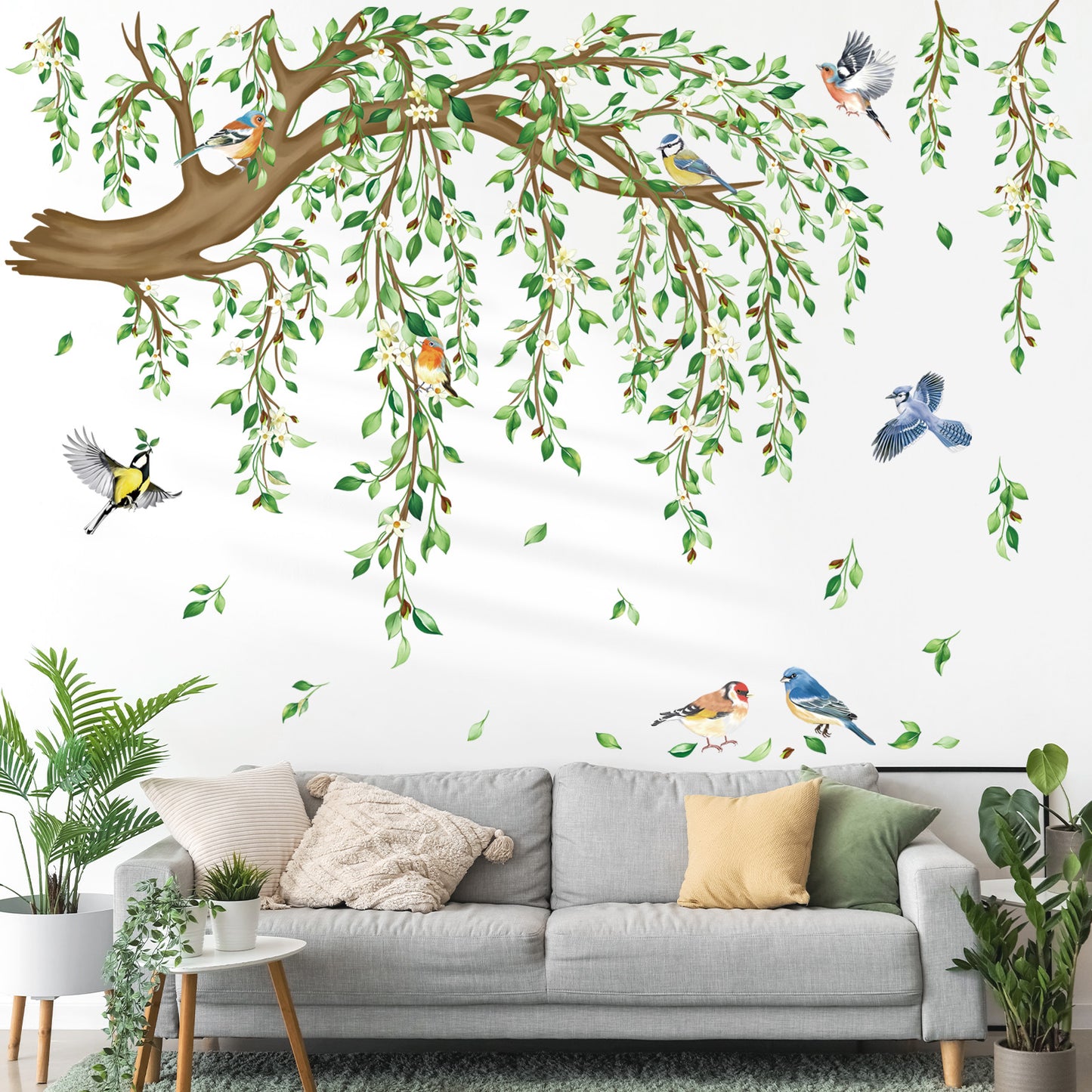 decalmile Spring Large Hanging Vine Wall Decals Green Leaf Tree Branch Flower Birds Wall Stickers