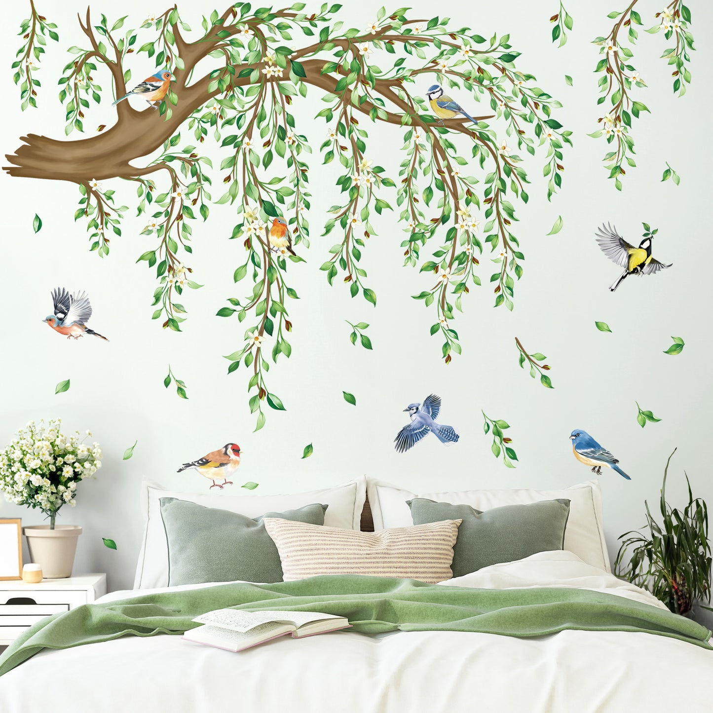 decalmile Spring Large Hanging Vine Wall Decals Green Leaf Tree Branch Flower Birds Wall Stickers