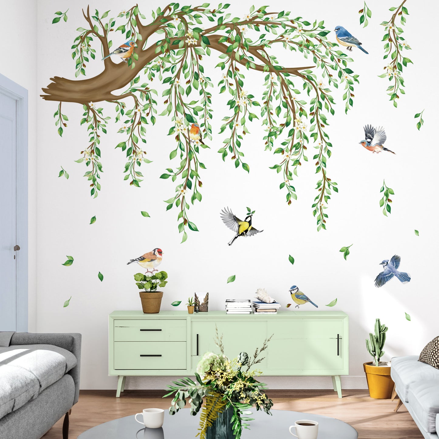 decalmile Spring Large Hanging Vine Wall Decals Green Leaf Tree Branch Flower Birds Wall Stickers