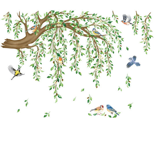 decalmile Spring Large Hanging Vine Wall Decals Green Leaf Tree Branch Flower Birds Wall Stickers